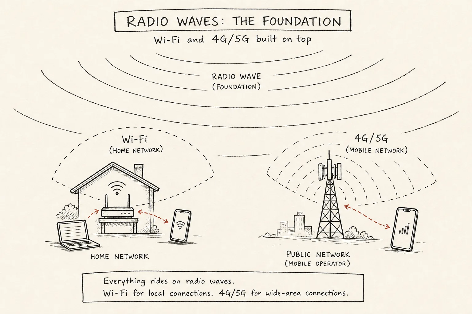 回線、ルーター、Wi-Fi、端末を家の中で結んだ手書きの仮挿絵。